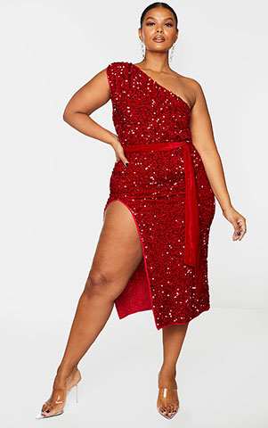 PLUS RED PREMIUM VELVET SEQUIN ONE SHOULDER TIE WAIST MIDAXI DRESS